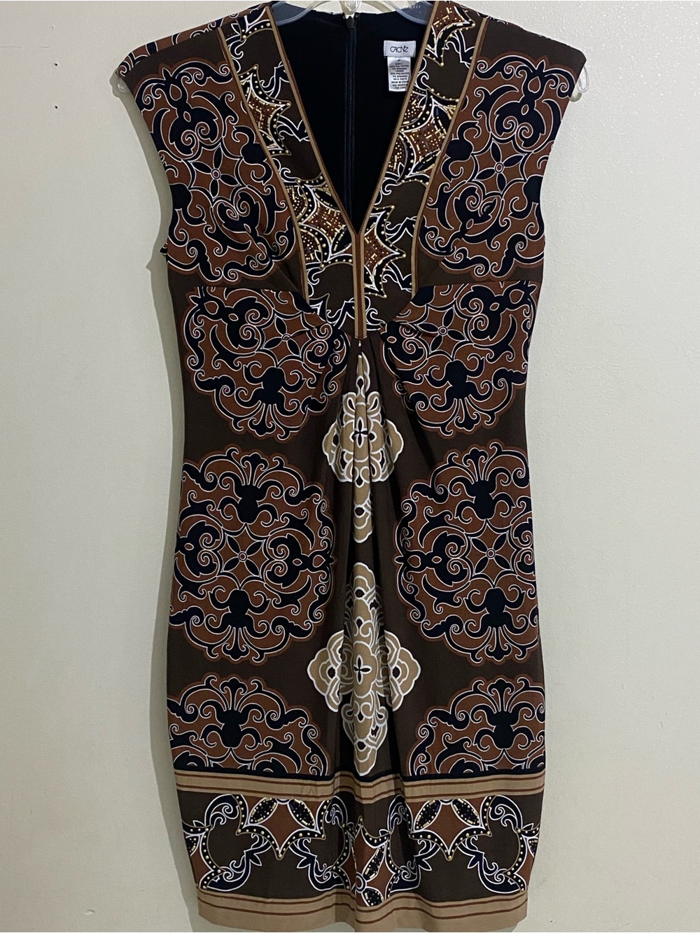 CACHE Size 8 Brown and Black Printed Midi DressStudded Front